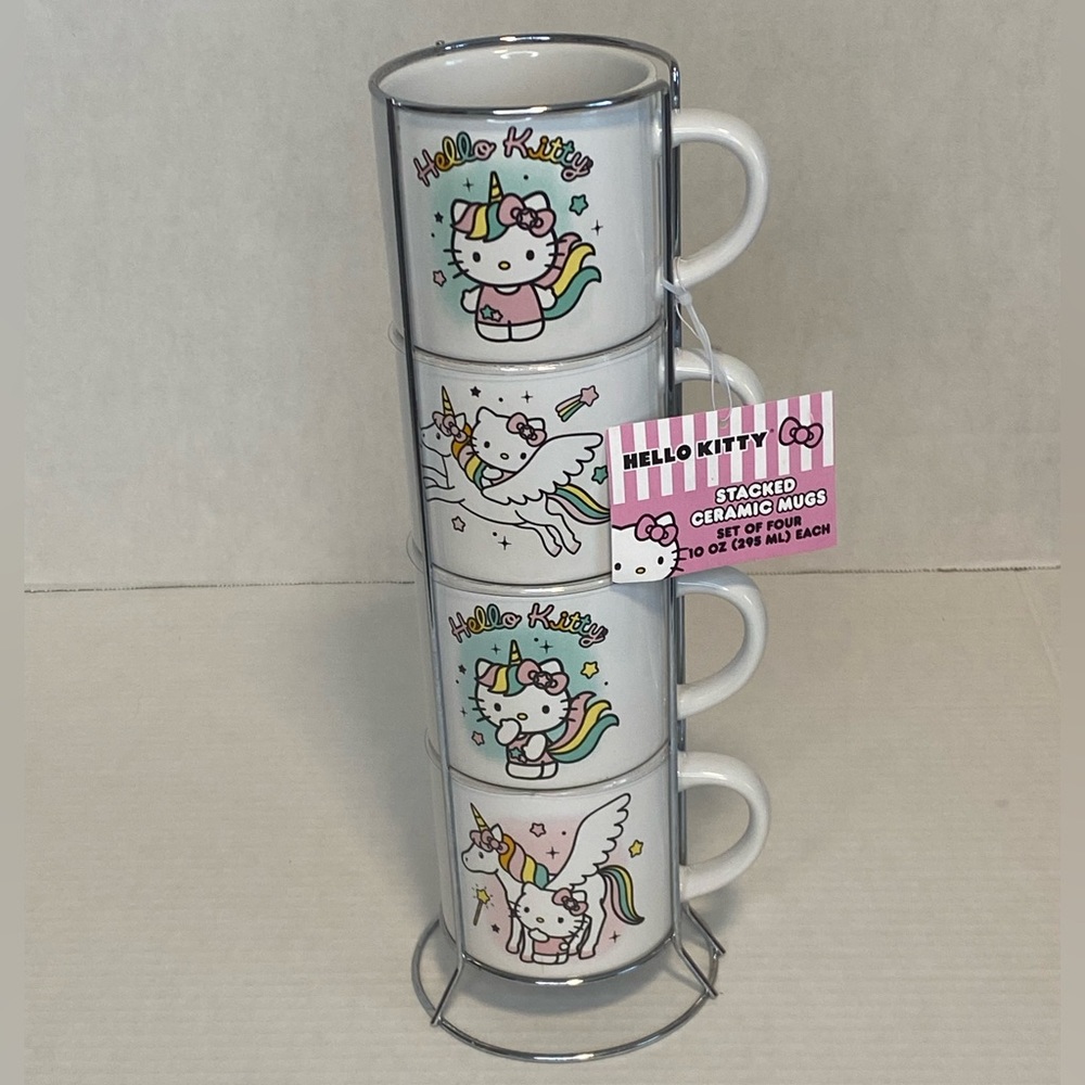 Hello Kitty Coffee Mug Set.4 Cup Stackable Rack Tower Rare Kitchen Set 10oz each